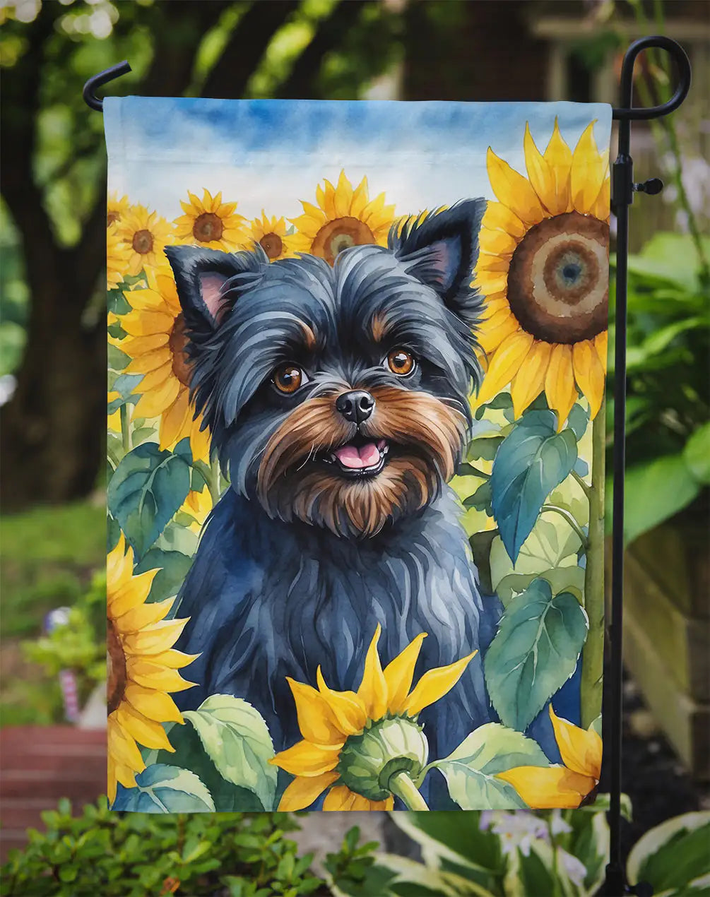 Affenpinscher in Sunflowers Garden Flag WEM Support (www.WEM.support)