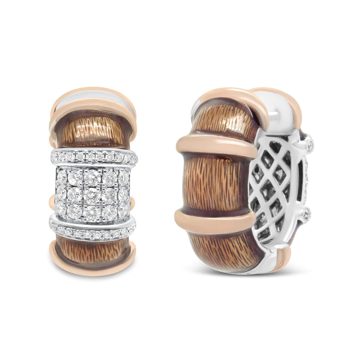 18K White and Rose Gold Flash Plated .925 Sterling Silver Clear Brown Enamel 1/6 Cttw Round Diamond Huggie Hoop Earrings (F-G Color, VS1-VS2 Clarity) WEM Support (www.WEM.support)