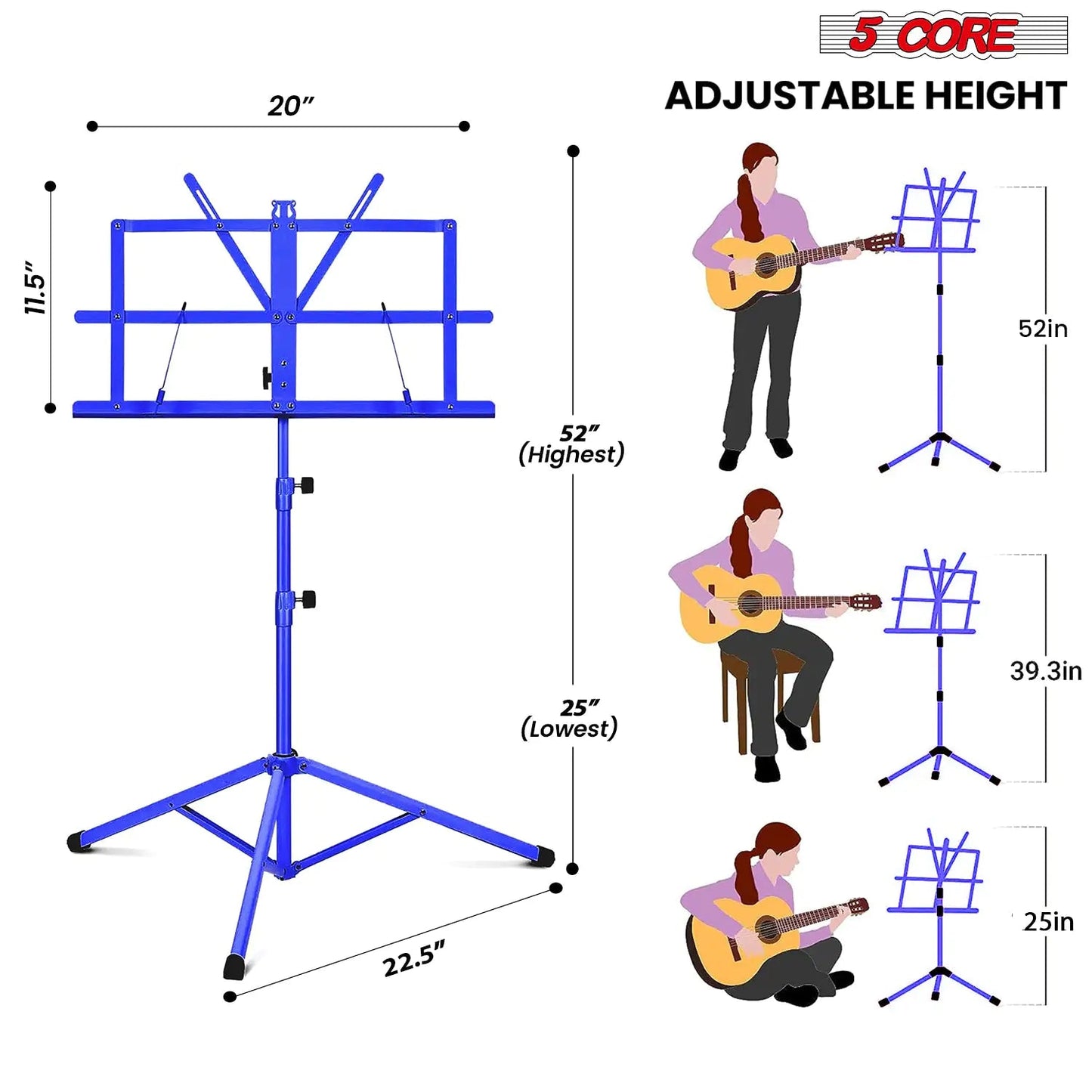 Suporte de Música 5Core para Partituras Portátil Tripé Ajustável Dobrável Porta-Notas AZUL WEM Support (www.WEM.support)
