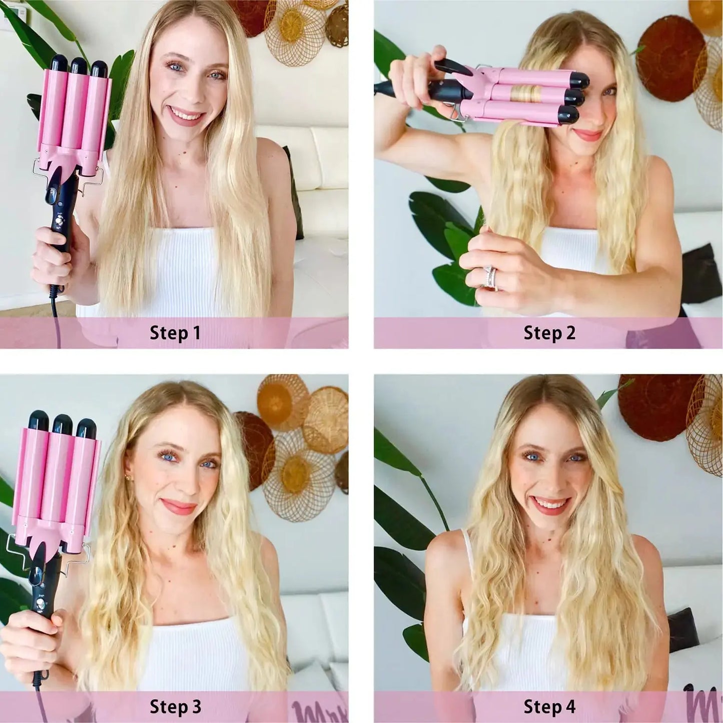 3 Barrel Curling Iron Hair Crimper, TOP4EVER 25mm(1 inch ) Professional Hair Curling Wand with Two Temperature Control,Fast Heating Portable Crimpers for Waving Hair (Pink) My Store