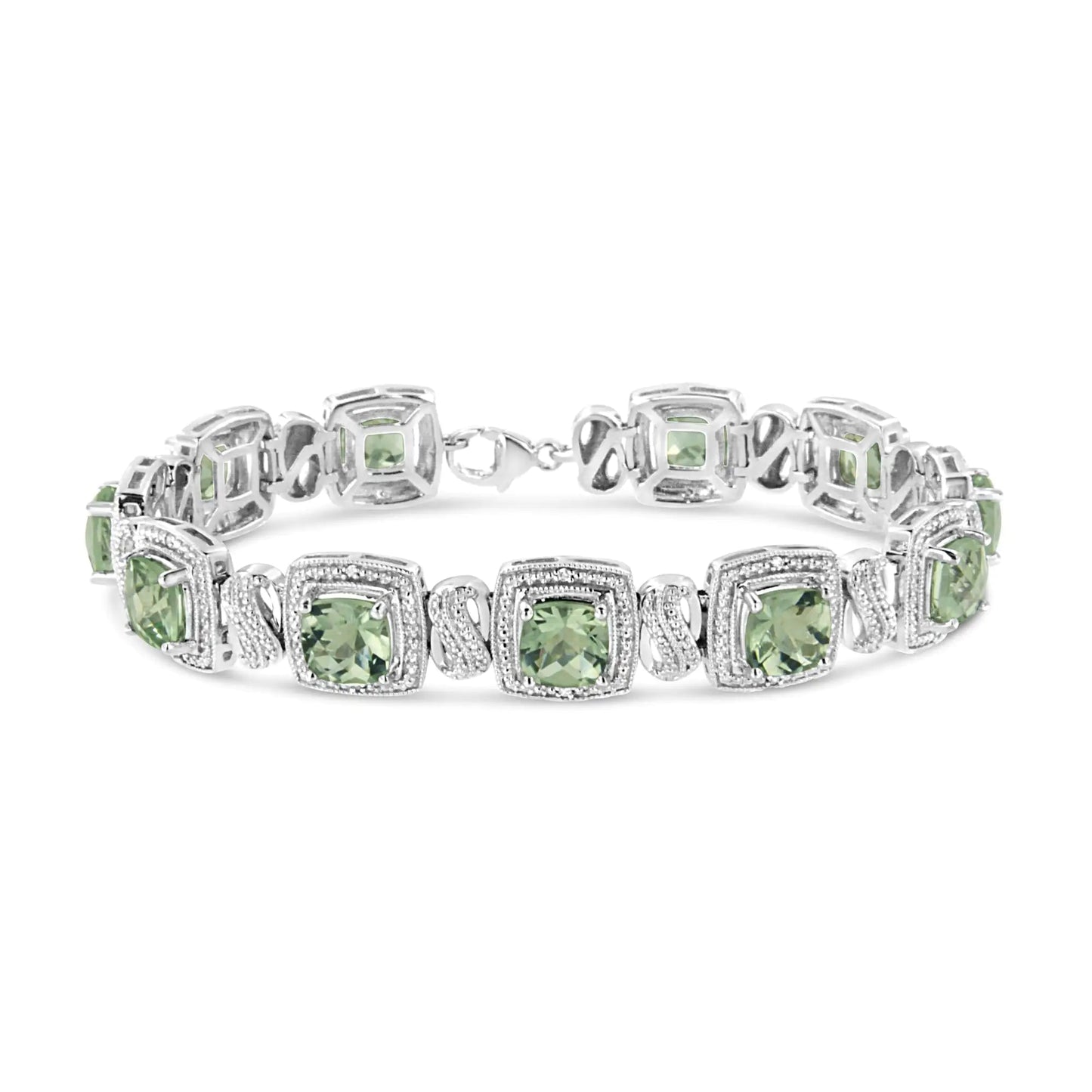 .925 Sterling Silver 7x7 mm Cushion Cut Green Amethyst and 1/10 cttw Single Cut Diamond Square Shape Tennis Bracelet (I-J Color, I1-I2 Clarity) - 7" WEM Support (www.WEM.support)