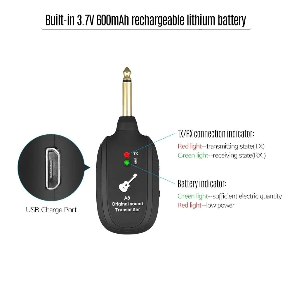 UHF Guitar Wireless System Transmitter+Receiver Built In Rechargeable Battery WEM Support (www.WEM.support)