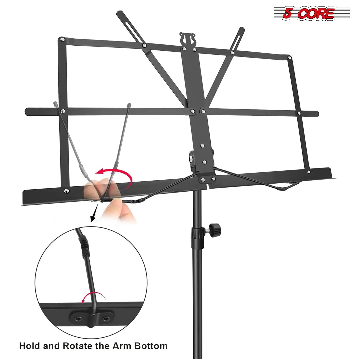 Suporte de Música 5Core Para Partituras Portátil Tripé Ajustável Dobrável com Luz Suporte para Notas PRETO WEM Support (www.WEM.support)