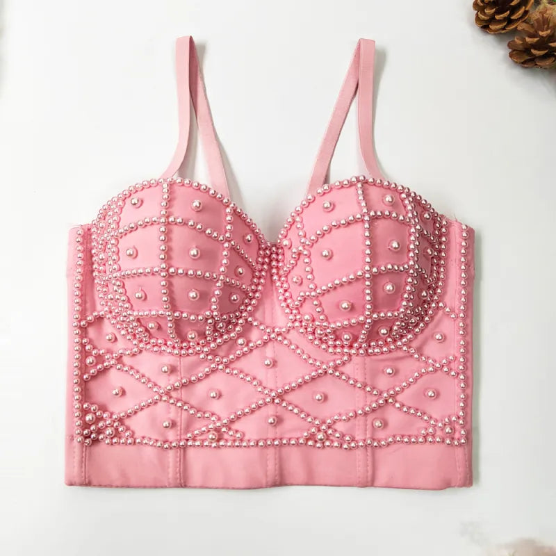 Women's Fashionable Elegant Pearl Spaghetti-strap Camisole Top With Chest Pad WEM Support (www.WEM.support)