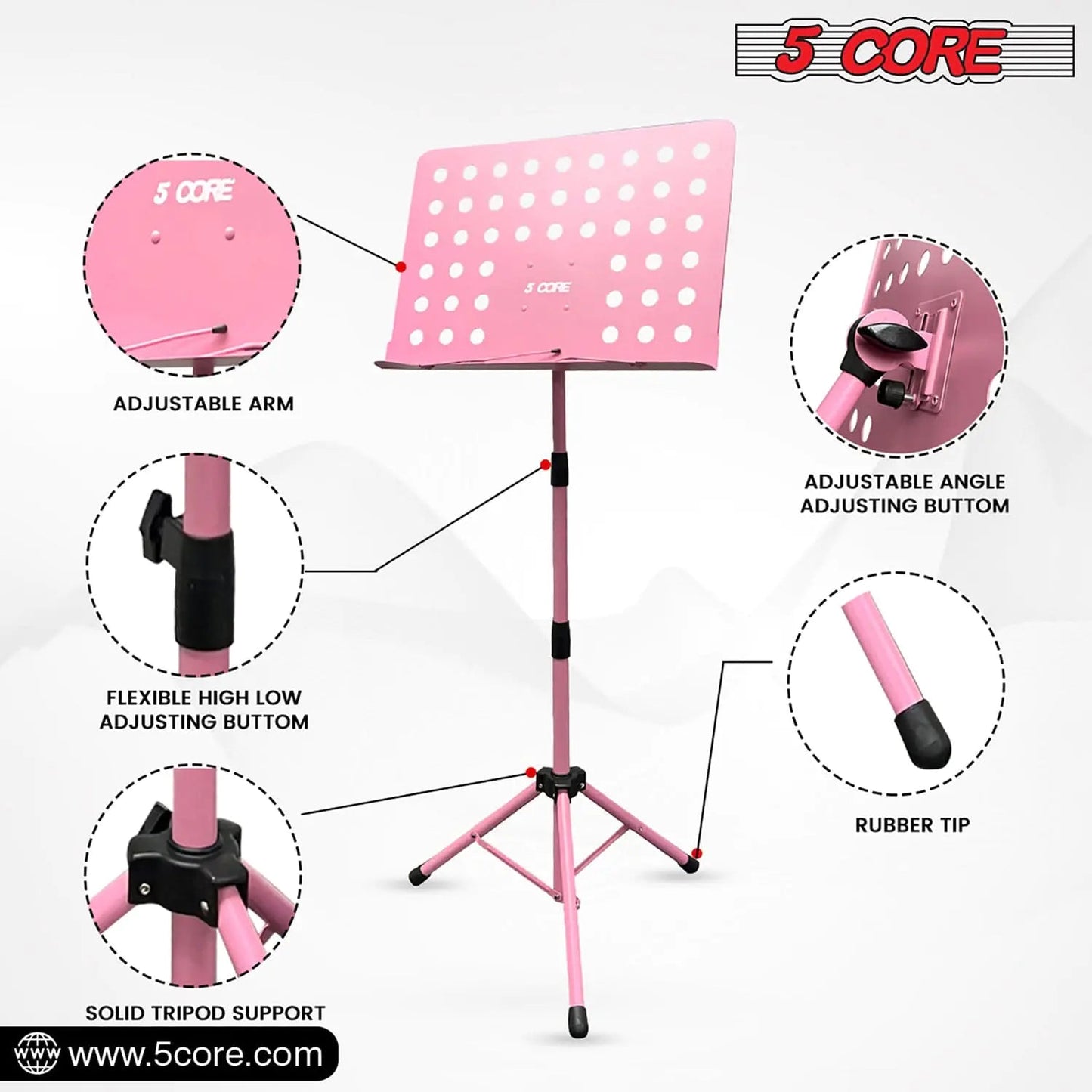 Suporte para Música 5Core para Partituras, Tripé Portátil Ajustável e Dobrável, Suporte para Notas, ROSA WEM Support (www.WEM.support)