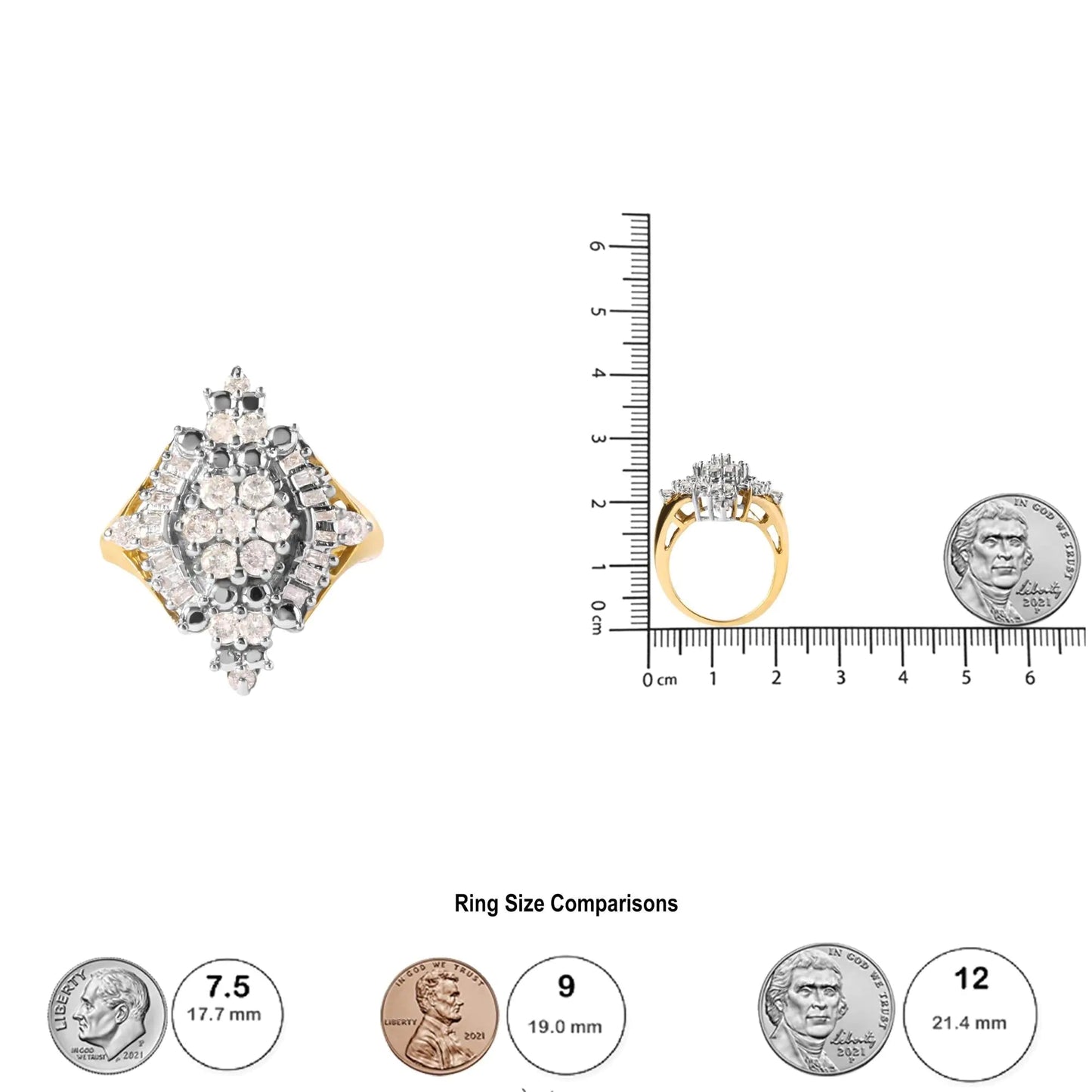 10K Yellow Gold 1 Cttw Round and Baguette cut Diamond Cluster and Rhombus Halo Ring (H-I Color, I1-I2 Clarity) WEM Support (www.WEM.support)