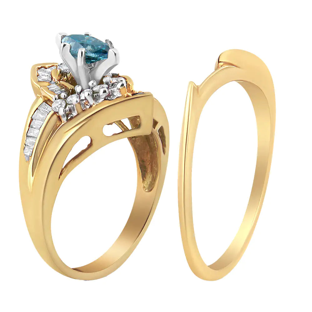 14K Yellow and White Gold 1 1/4 Cttw Treated Blue Diamond Cocktail Ring Set (H-I Color, SI1-SI2 Clarity) WEM Support (www.WEM.support)