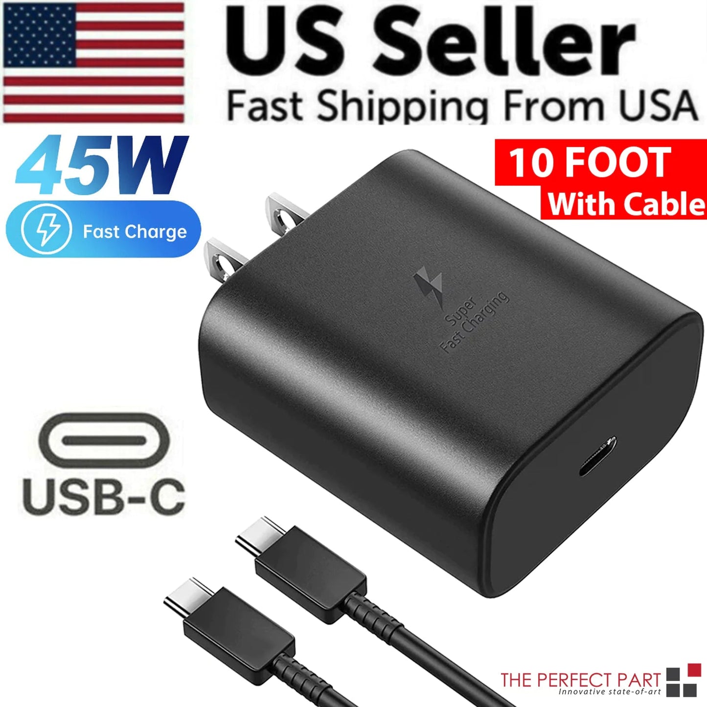 45W USB-C Super Fast Wall Charger 10FT Cable For Samsung Galaxy S20 S21 S22 S23 WEM Support (www.WEM.support)