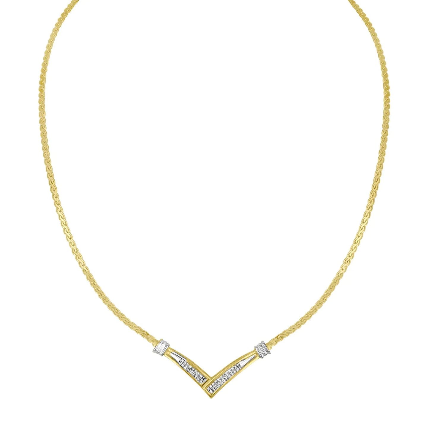 10K Yellow and White Gold 1/2 Cttw Princess Cut Diamond Channel-Set “V” Shape 18" Franco Chain Necklace (H-I Color, SI2-I1 Clarity) WEM Support (www.WEM.support)