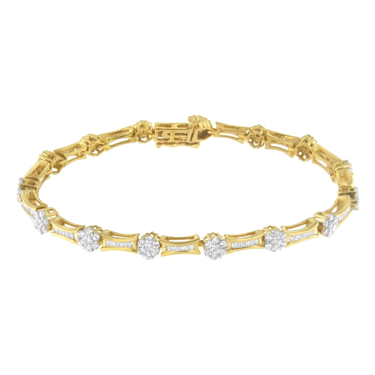 10K Yellow and White Gold 2.00 cttw Round and Baguette-Cut Diamond Link Bracelet (I-J Color, I2-I3 Clarity) - Size 7.25" WEM Support (www.WEM.support)