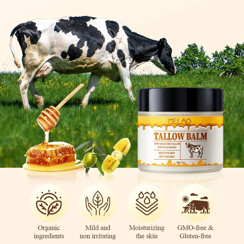 A collage featuring a jar of Tallow Balm skin cream with various icons indicating its organic, mild, non-irritating, moisturizing, and GMO-free qualities. An image of a cow, honey dipper, and olive leaves are also included, suggesting the natural ingredients of the product.