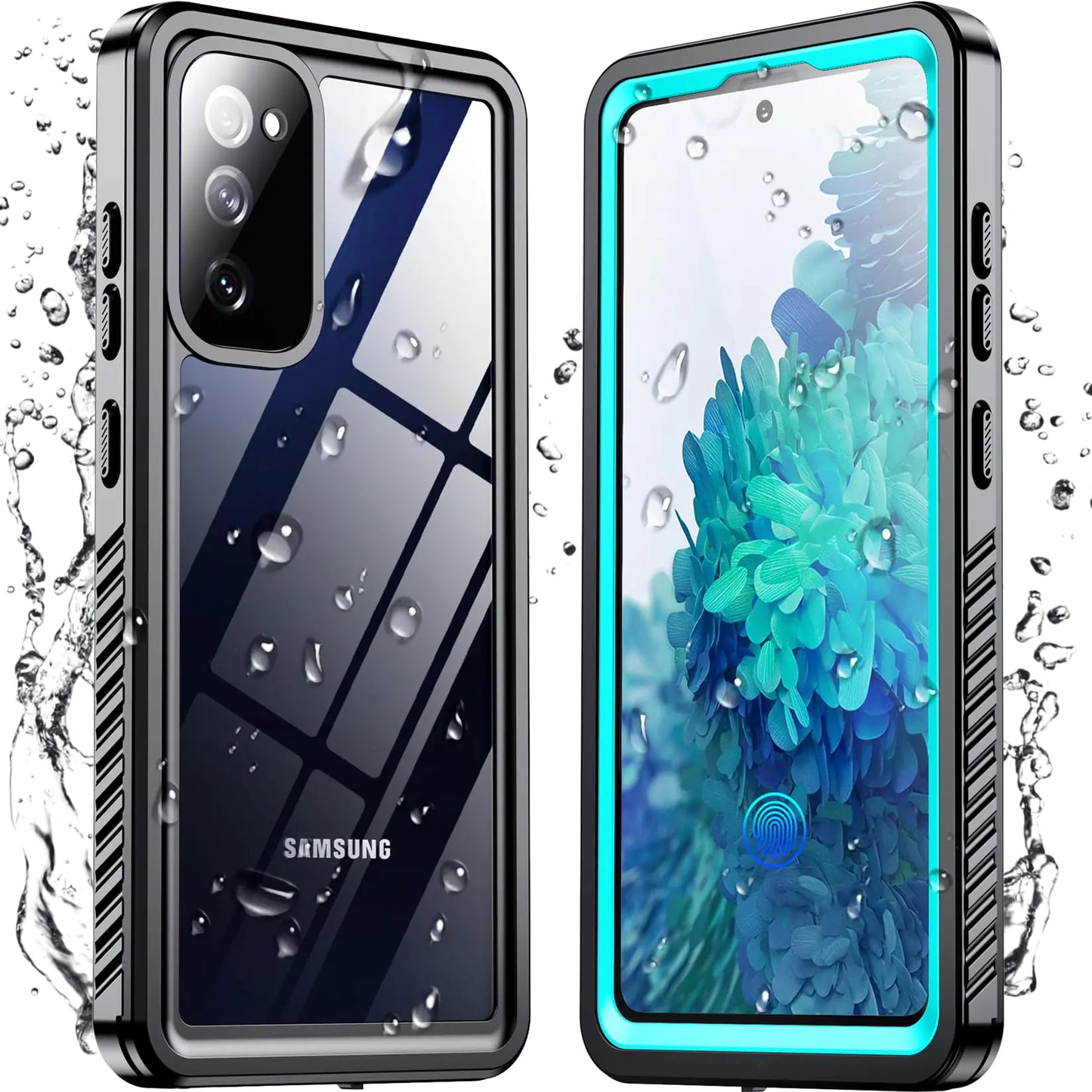 A clear protective case for Samsung Galaxy S23 with water droplets on it, showcasing its waterproof feature.