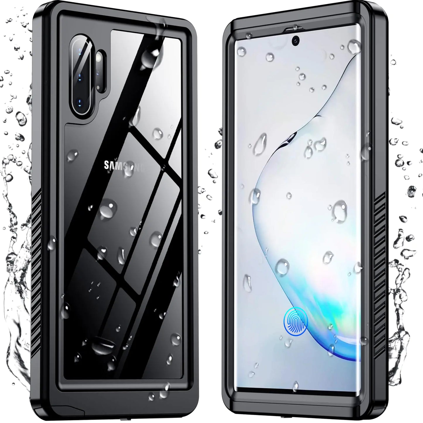 A clear protective case for Samsung Galaxy S23 with water droplets on it, showcasing its waterproof feature.