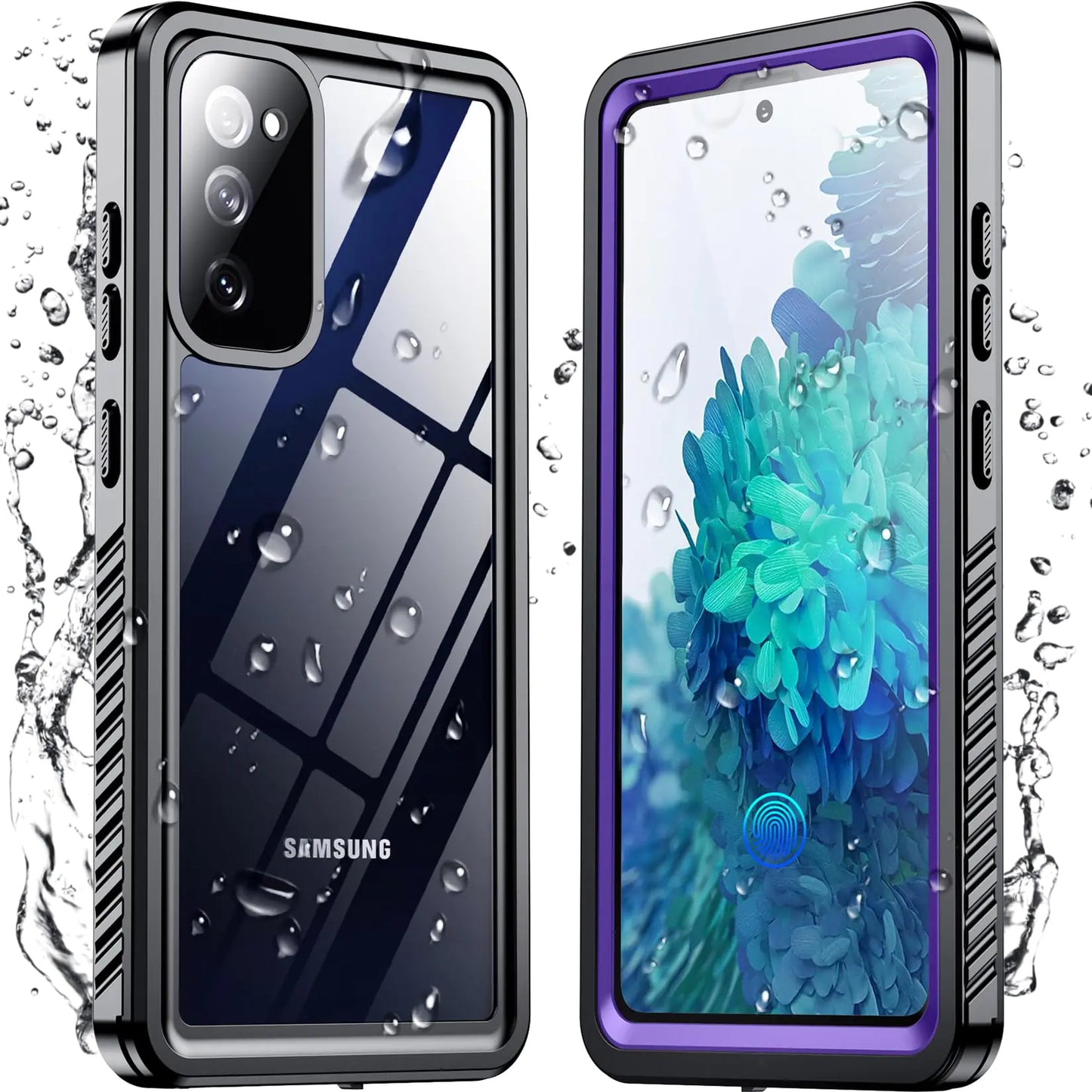 A clear protective case for Samsung Galaxy S23 with water droplets on it, showcasing its waterproof feature.