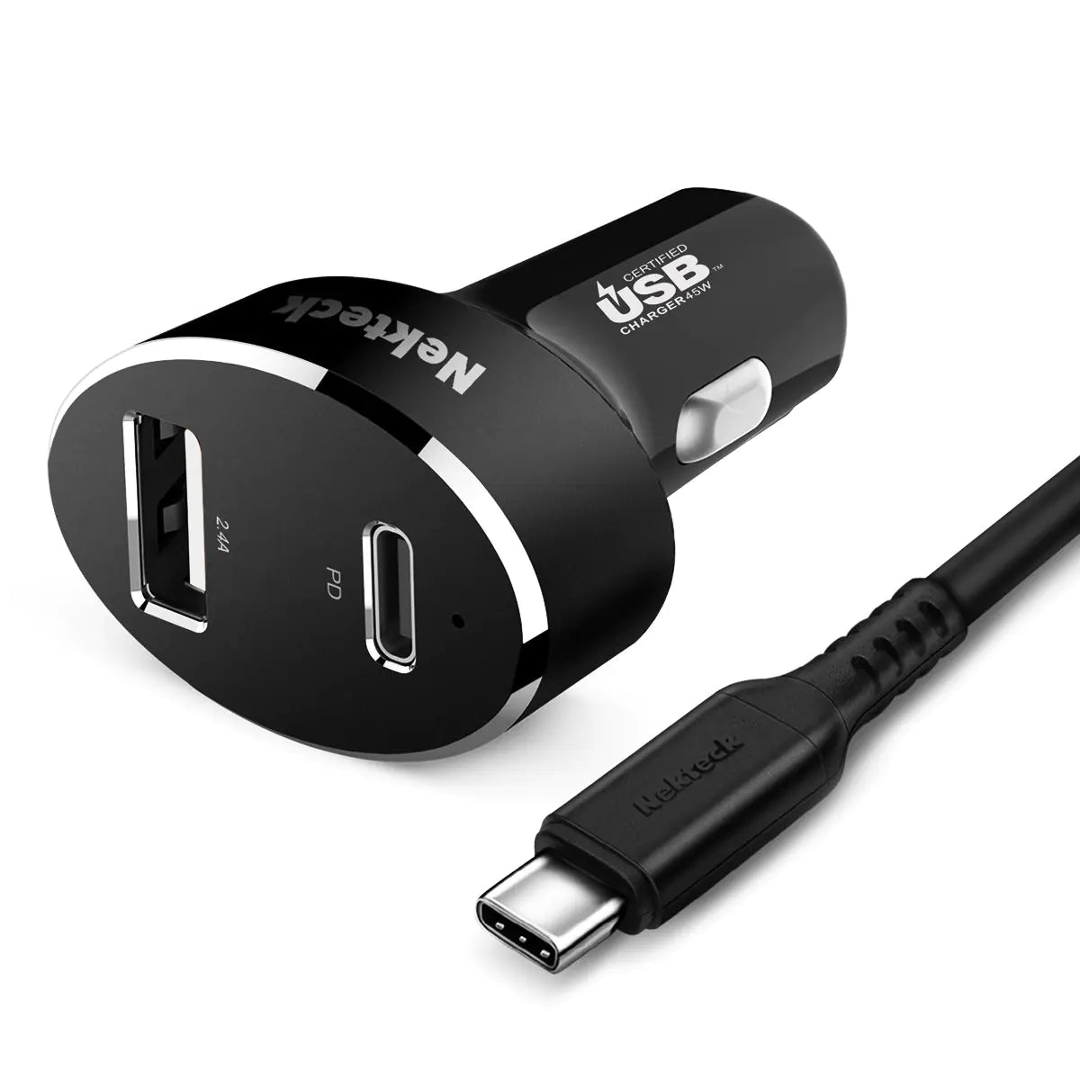 A black Nekteck USB-C car charger with a round adapter and a cable, featuring two USB ports on the adapter.