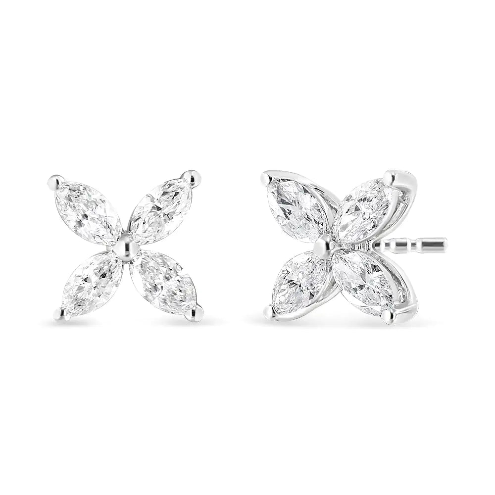 14K White Gold 1.0 Cttw Lab Grown Marquise Diamond 8 Stone Floral Leaf Stud Earrings (F-G Color, VS2-SI1 Clarity) WEM Support (www.WEM.support)