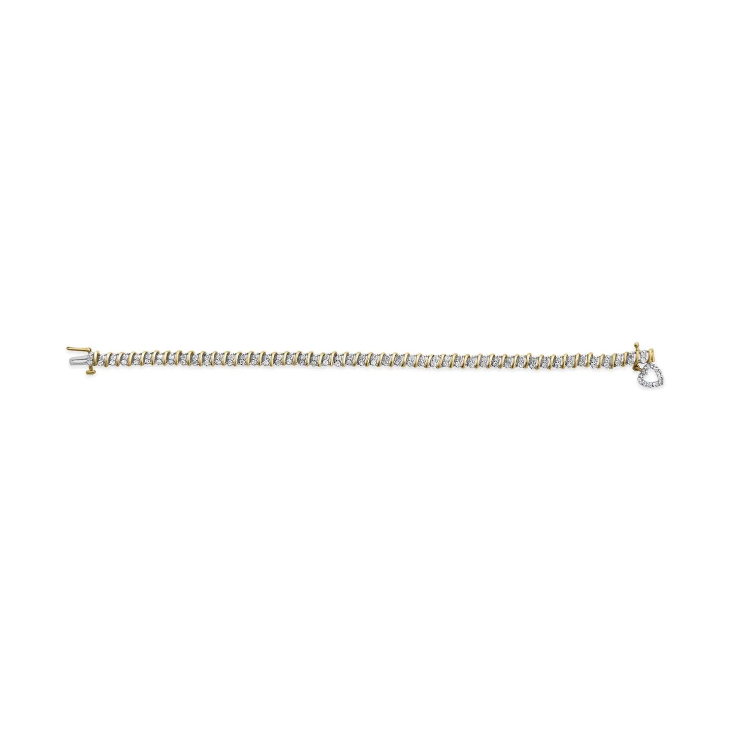 10K Yellow Gold 2.0 Cttw Diamond 2 Row Link and Heart Charm 7" Link Bracelet (I-J Color, I3 Clarity) WEM Support (www.WEM.support)
