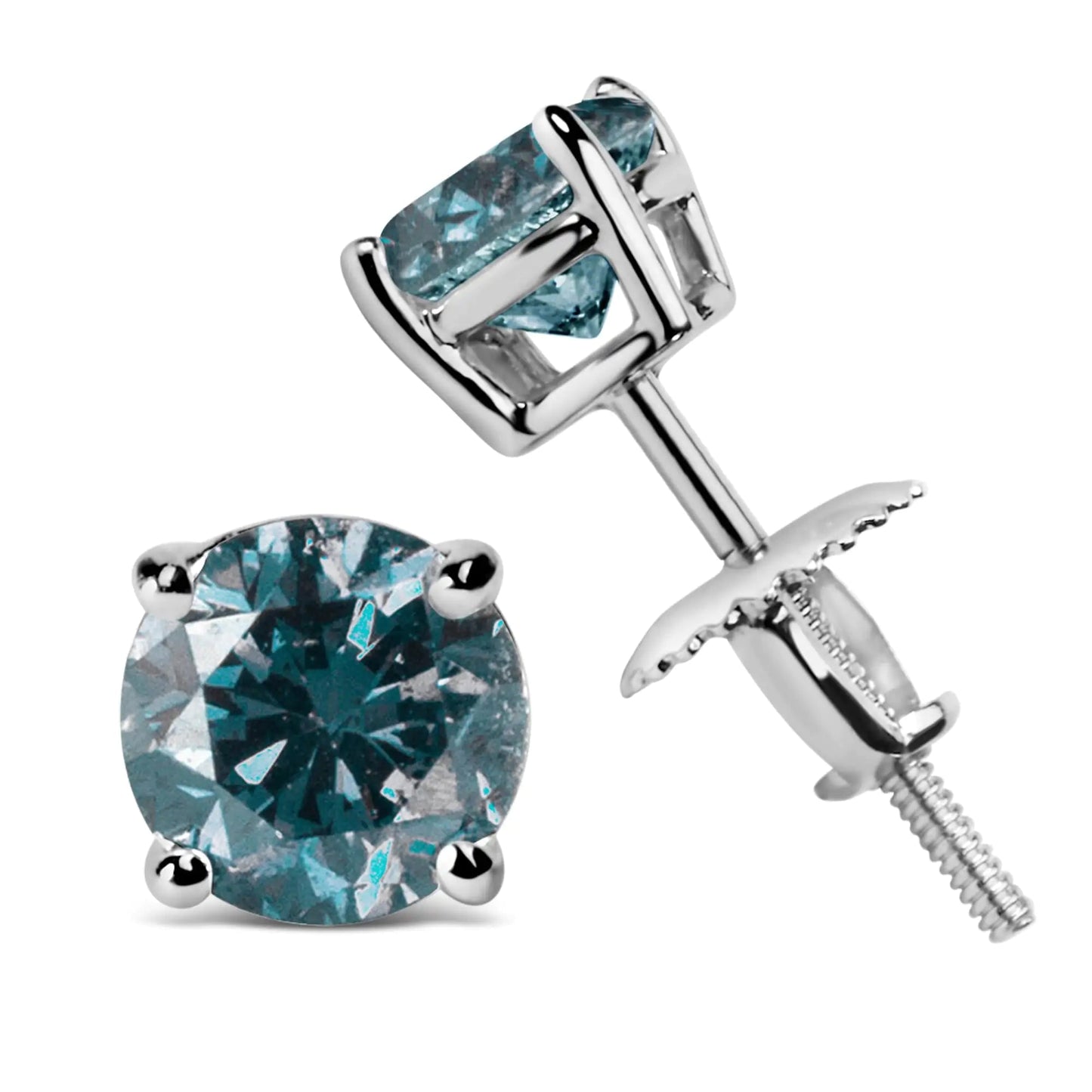14K Gold Round Brilliant Cut Lab Grown Blue Diamond 4-Prong Classic Solitaire Stud Earrings with Screwbacks WEM Support (www.WEM.support)
