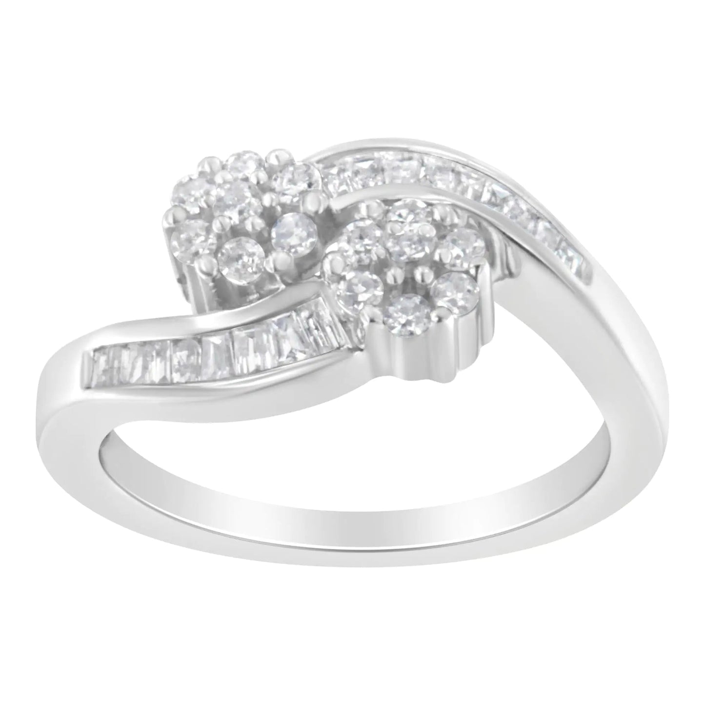14K White Gold Round and Baguette Diamond Bypass Ring (1/2 cttw, H-I Color, I1-I2 Clarity) WEM Support (www.WEM.support)
