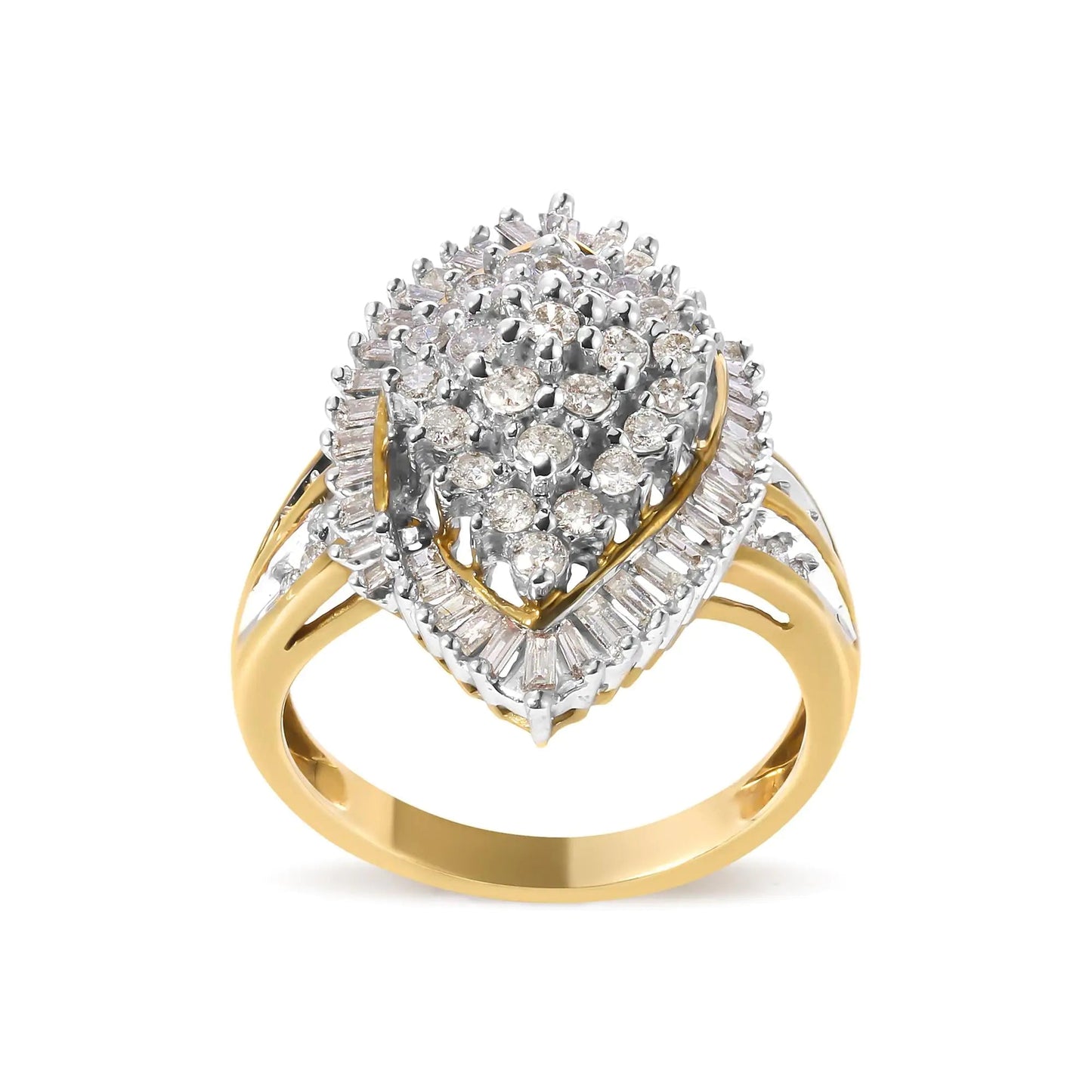 10K Yellow Gold 1.0 Cttw Round and Baguette-Cut Diamond Cluster Ring (I-J Color, SI2-I1 Clarity) WEM Support (www.WEM.support)