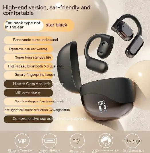 The image shows a pair of wireless ear hook Bluetooth headphones in black color, displayed next to their packaging box, which also appears in the frame.