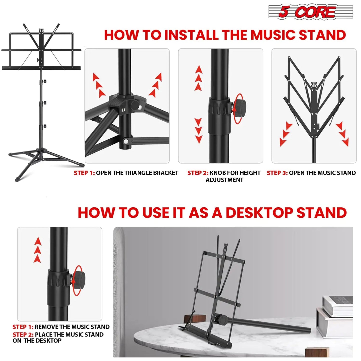 Suporte de Música 5Core Para Partituras Portátil Tripé Ajustável Dobrável com Luz Suporte para Notas PRETO WEM Support (www.WEM.support)