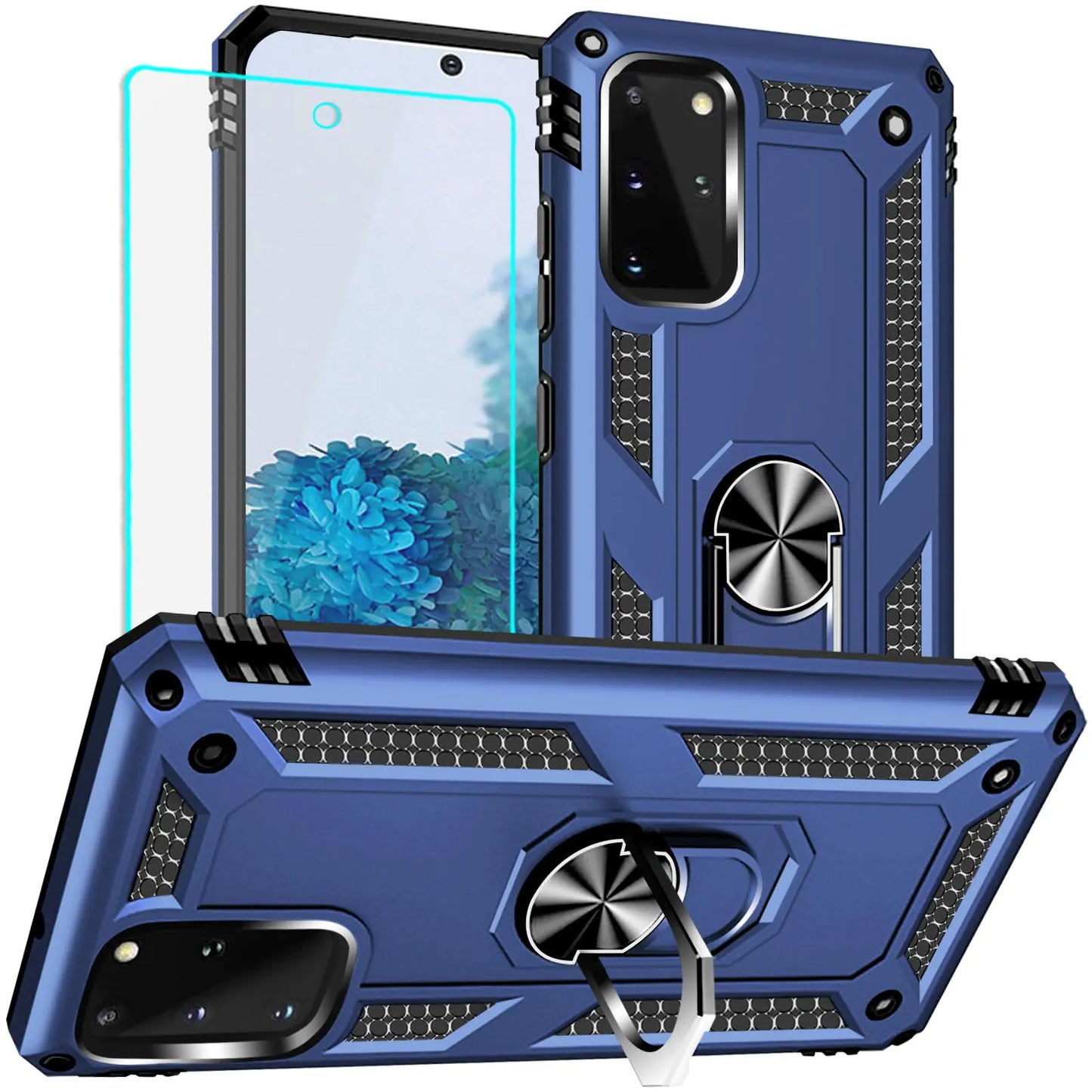 A black Samsung Galaxy S20 FE case with a ring holder and HD screen protector included.