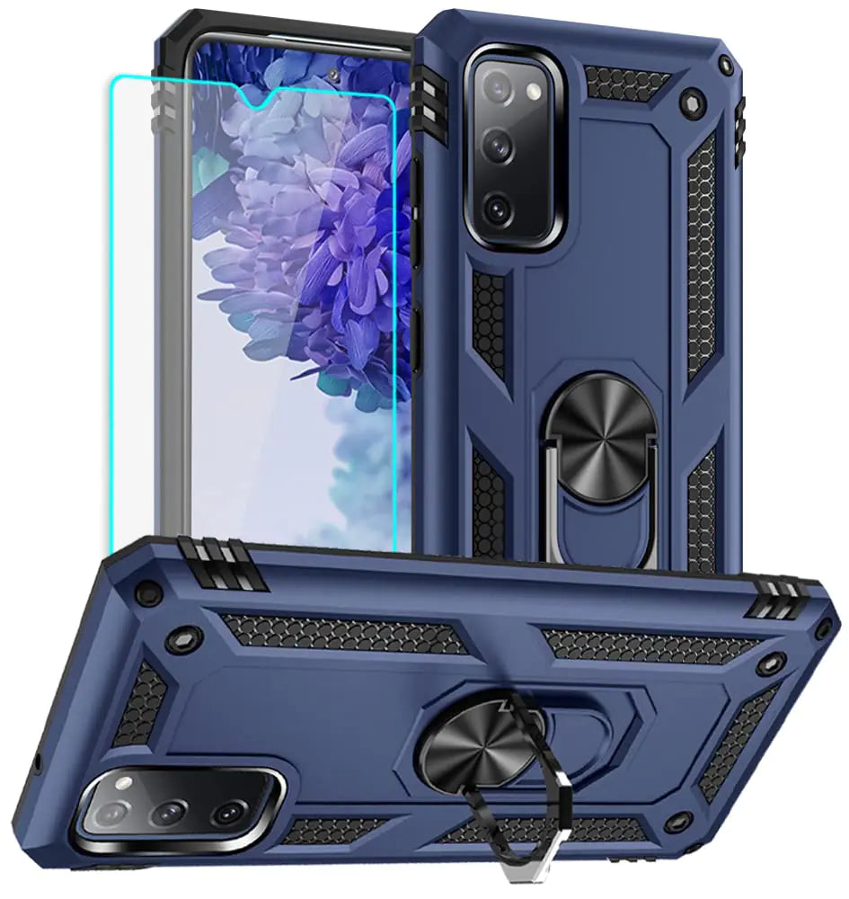 A black Samsung Galaxy S20 FE case with a ring holder and HD screen protector included.