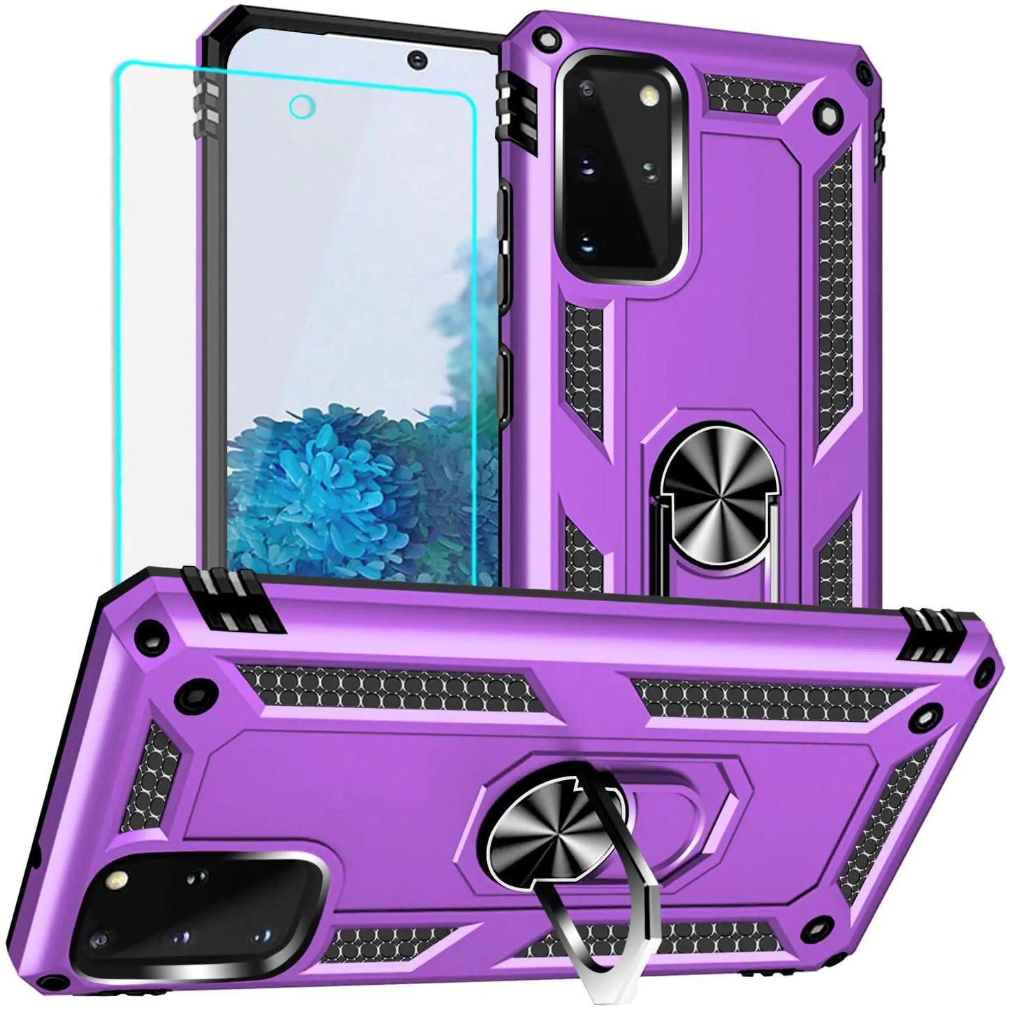A black Samsung Galaxy S20 FE case with a ring holder and HD screen protector included.