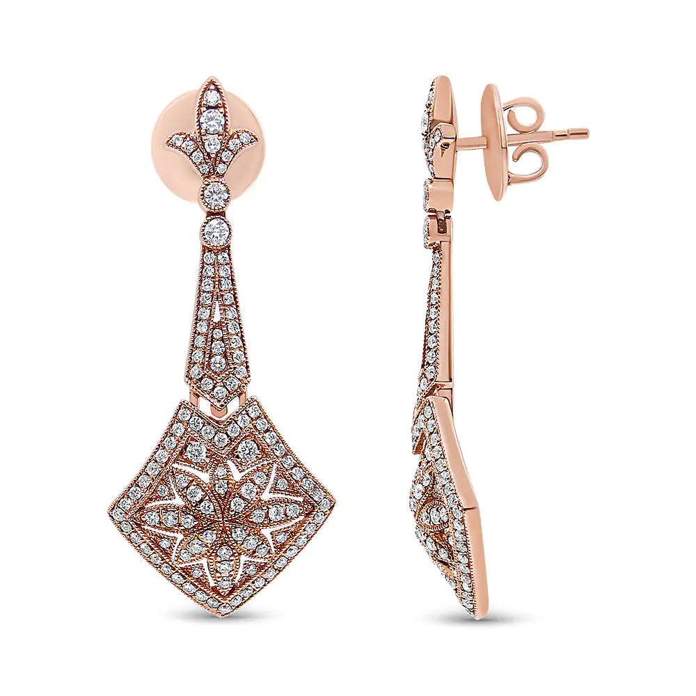 18K Rose Gold 1 1/3 Cttw Diamond Studded Fleur De Lis Trellis Style Drop and Dangle Earring (F-G Color, VS1-VS2 Clarity) WEM Support (www.WEM.support)
