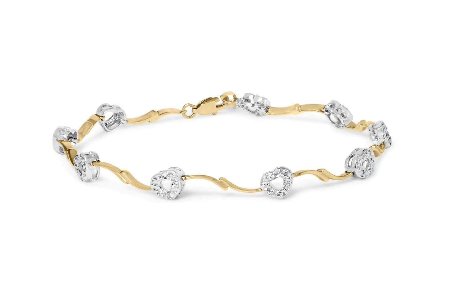 10k Two-Tone Gold 1/3 Cttw Diamond Pave Set Heart S-Link 7.25" Bracelet (I-J Color, I2-I3 Clarity) WEM Support (www.WEM.support)