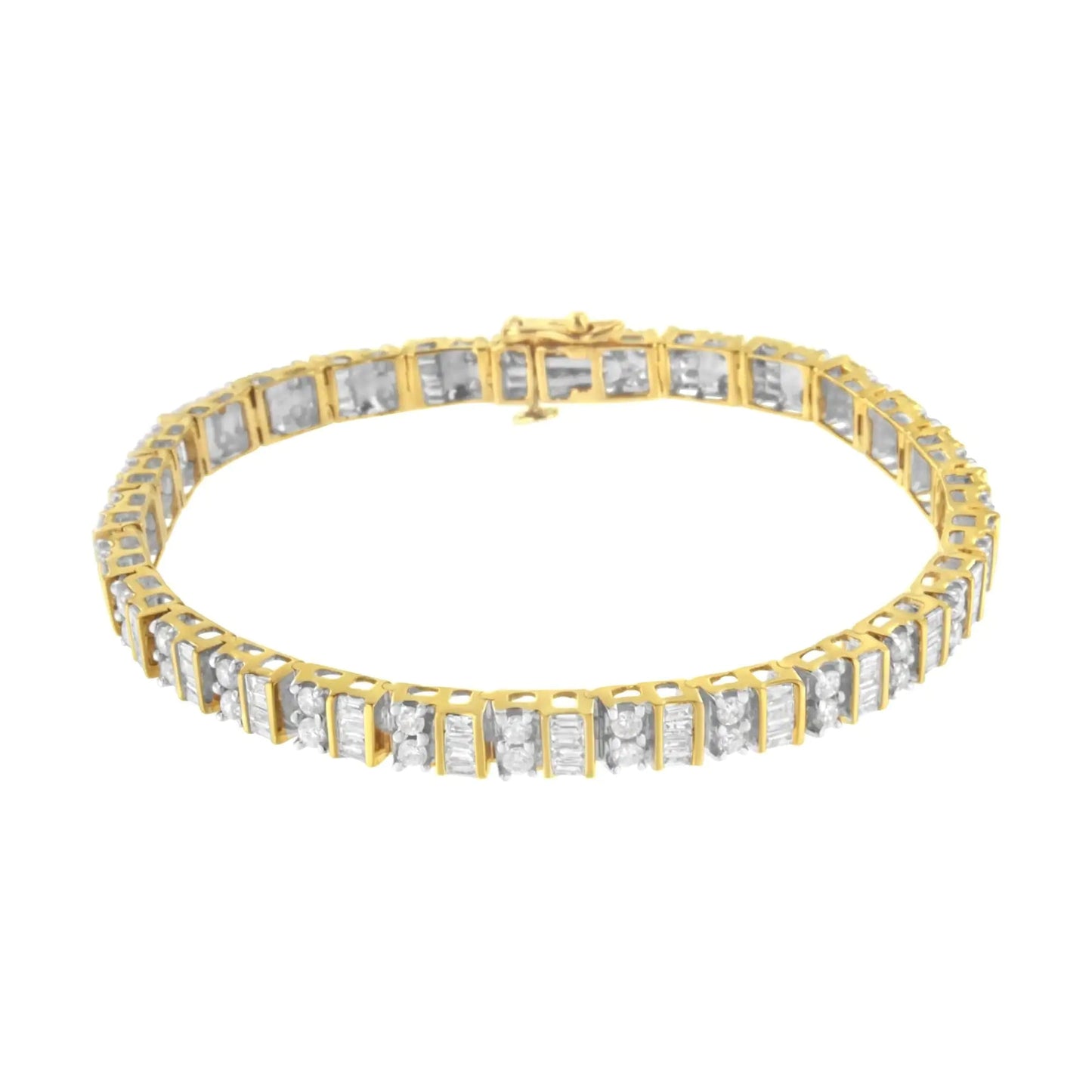 10K Yellow Gold 4.0 Cttw Alternating Baguette & Round Cut Diamond Bezel- & Prong-Set 7" Tennis Bracelet (G-H Color, SI1-SI2 Clarity) WEM Support (www.WEM.support)