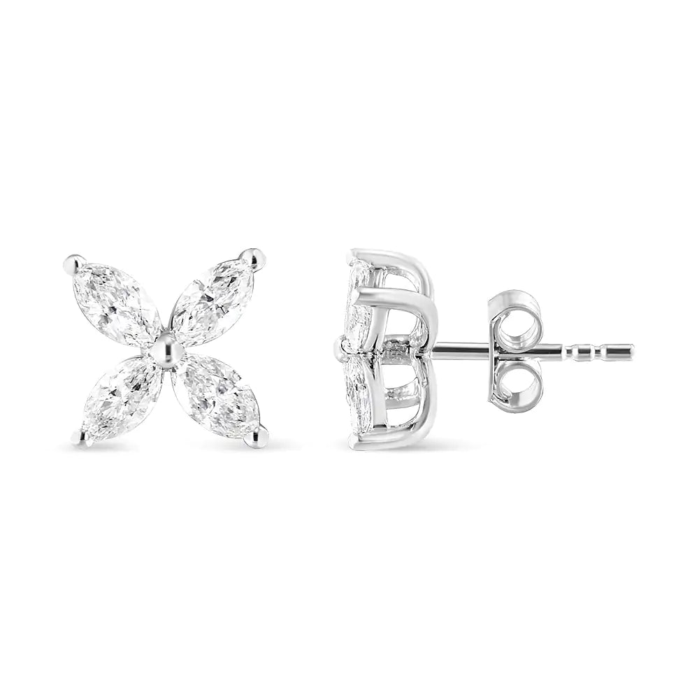 14K White Gold 1.0 Cttw Marquise Diamond 8 Stone Floral Leaf Stud Earrings (H-I Color, SI2-I1 Clarity) WEM Support (www.WEM.support)