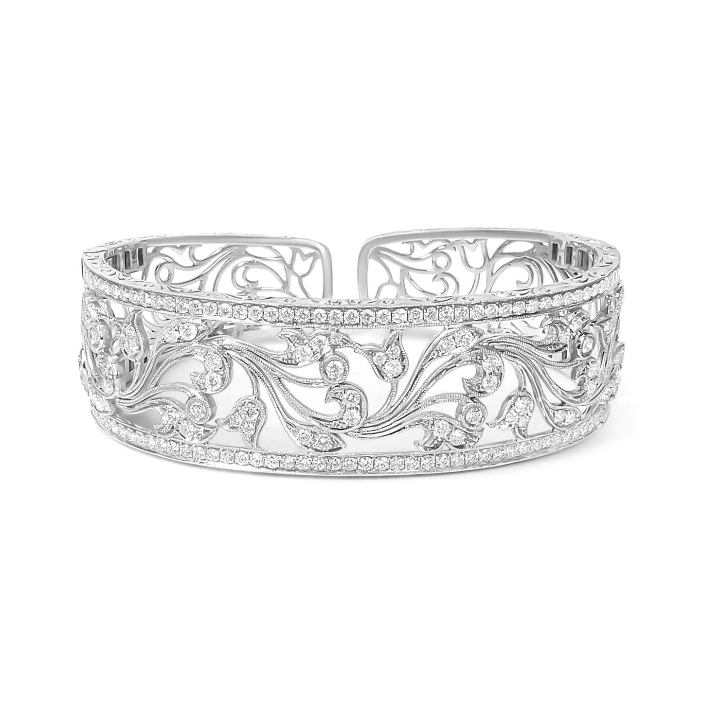 18K White Gold 3 1/4 Cttw Pave Diamond Openwork Floral Filigree Swirl Bangle Cuff Bracelet (H-I Color, VS2-SI1 Clarity) WEM Support (www.WEM.support)