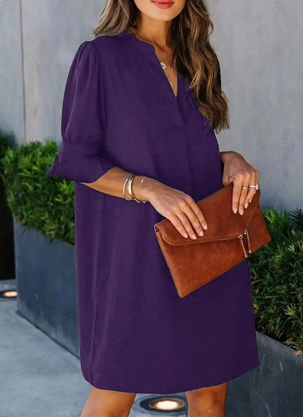Wkior Shift Dress for Women V Neck Short Sleeves Solid Color Casual Flowy Summer Dresses(S-2XL) Medium B1-purple My Store
