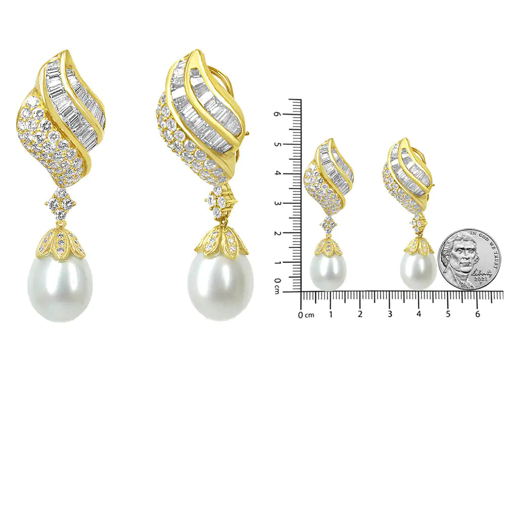 18k Yellow Gold 7.0 Cttw Baguette and Round Diamond South Sea Pearl Drop Dangle Clip-On Earrings (F-G Color, VS1-VS2 Clarity) WEM Support (www.WEM.support)