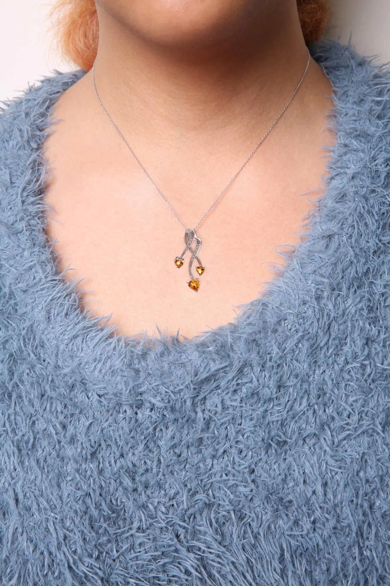 .925 Sterling Silver 3-Stone Heart Shape Citrine and Diamond Accent Spiral Drop 18" Pendant Necklace (H-I Color, SI1-SI2 Clarity) WEM Support (www.WEM.support)