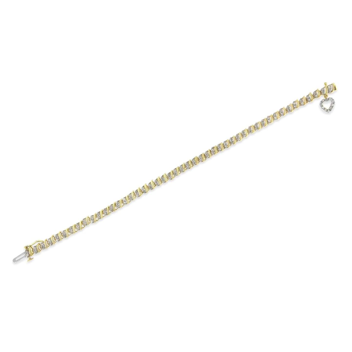 10K Yellow Gold 2.0 Cttw Diamond 2 Row Link and Heart Charm 7" Link Bracelet (I-J Color, I3 Clarity) WEM Support (www.WEM.support)