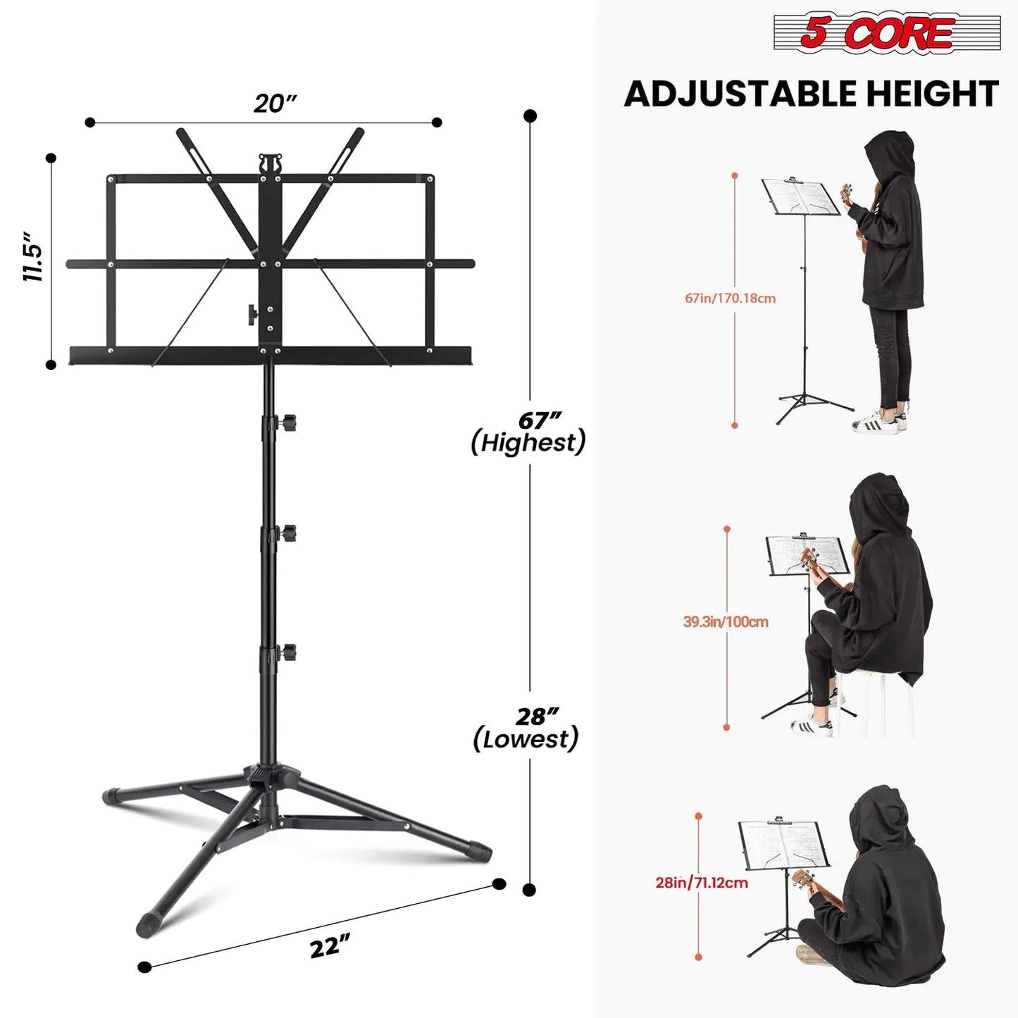 Suporte Musical 5Core para Partituras Portátil Tripé Ajustável e Dobrável Porta-Notas Preto Superior WEM Support (www.WEM.support)