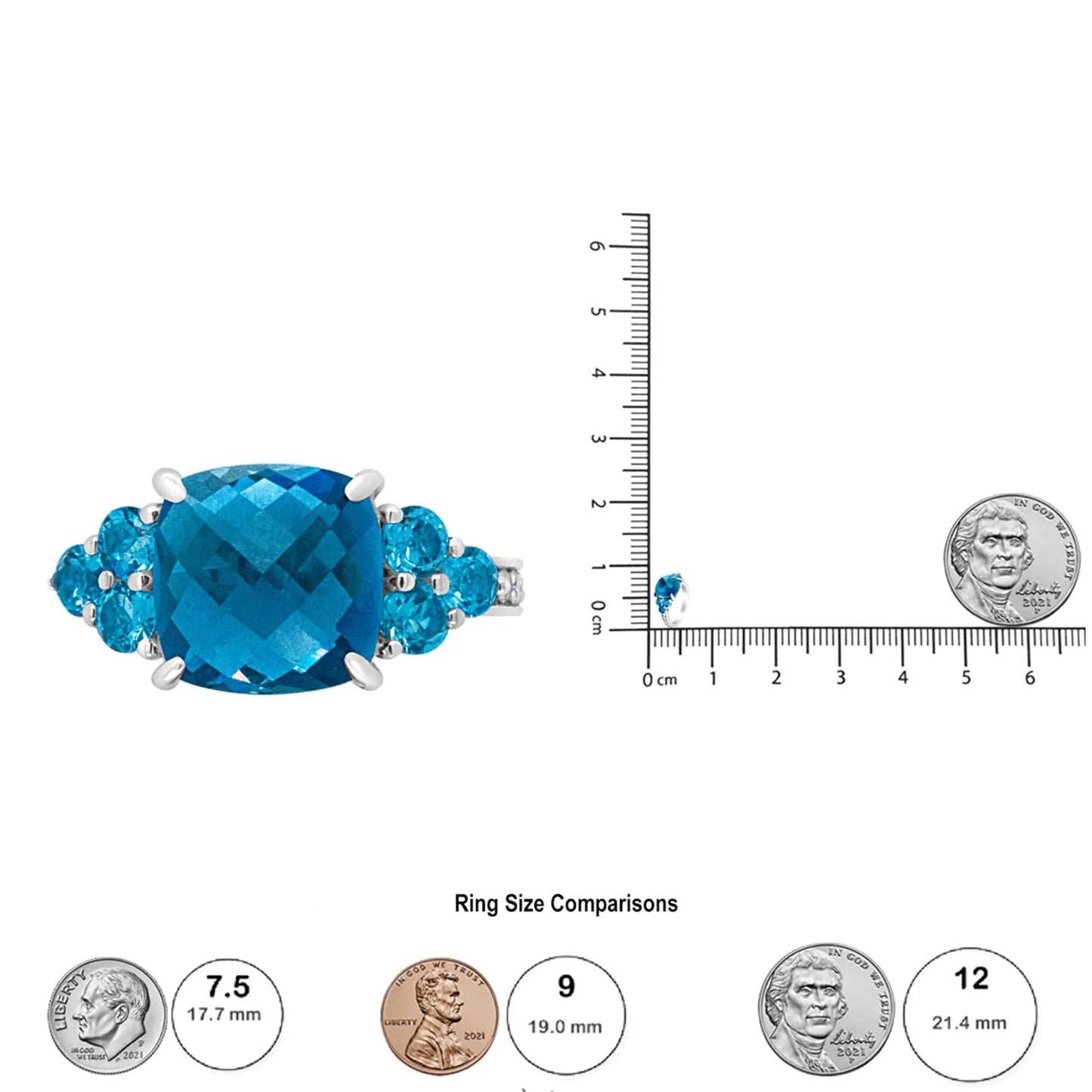 18K White Gold 10mm Cushion Shaped Blue Topaz and 1/6 Cttw Diamond 3 Stone Style Ring (F-G Color, VS1-VS2 Clarity) WEM Support (www.WEM.support)