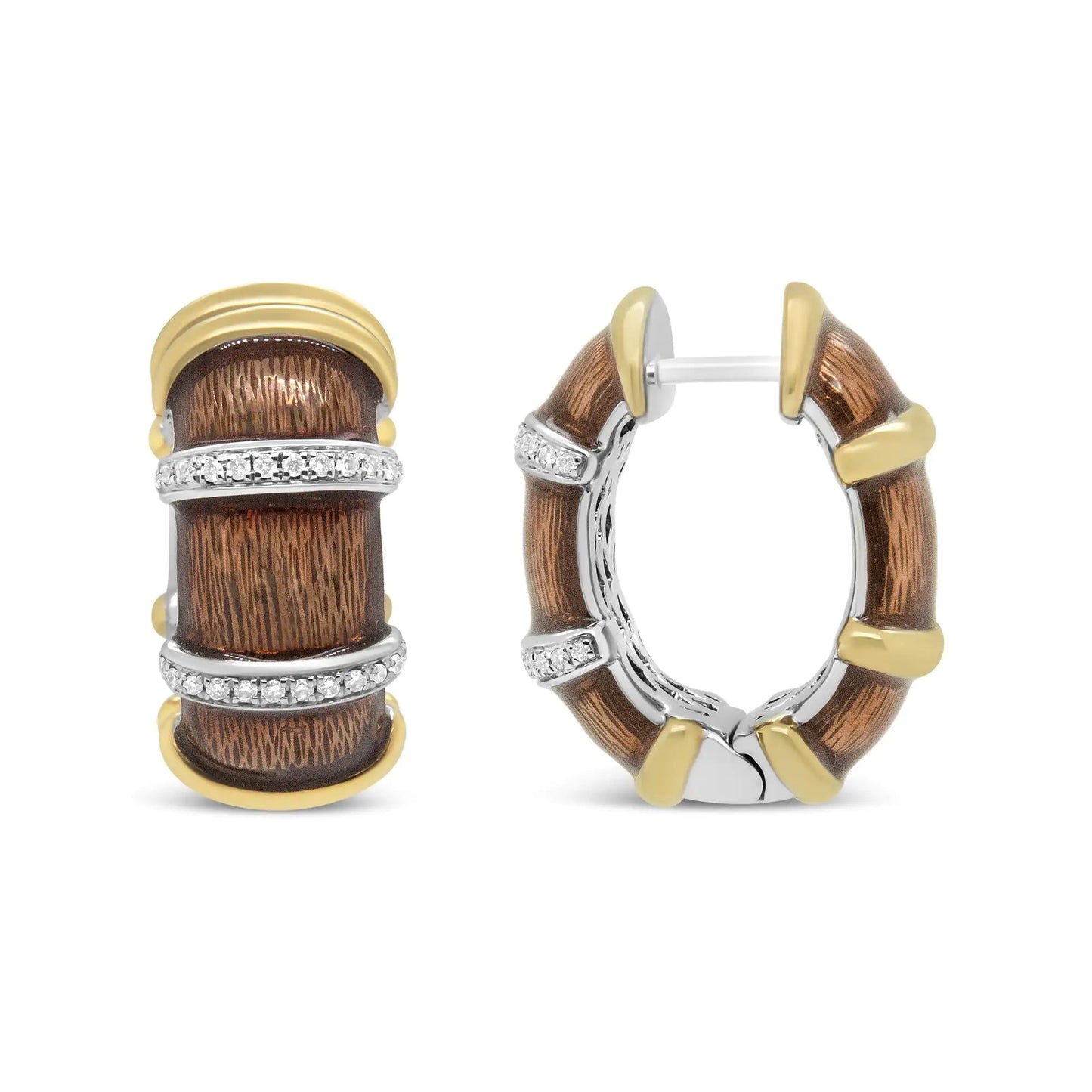 18K Yellow and White Gold Flash Plated .925 Sterling Silver Clear Brown Enamel 9/10 Cttw Round Diamonds Huggie Hoop Earrings (F-G Color, VS1-VS2 Clarity) WEM Support (www.WEM.support)