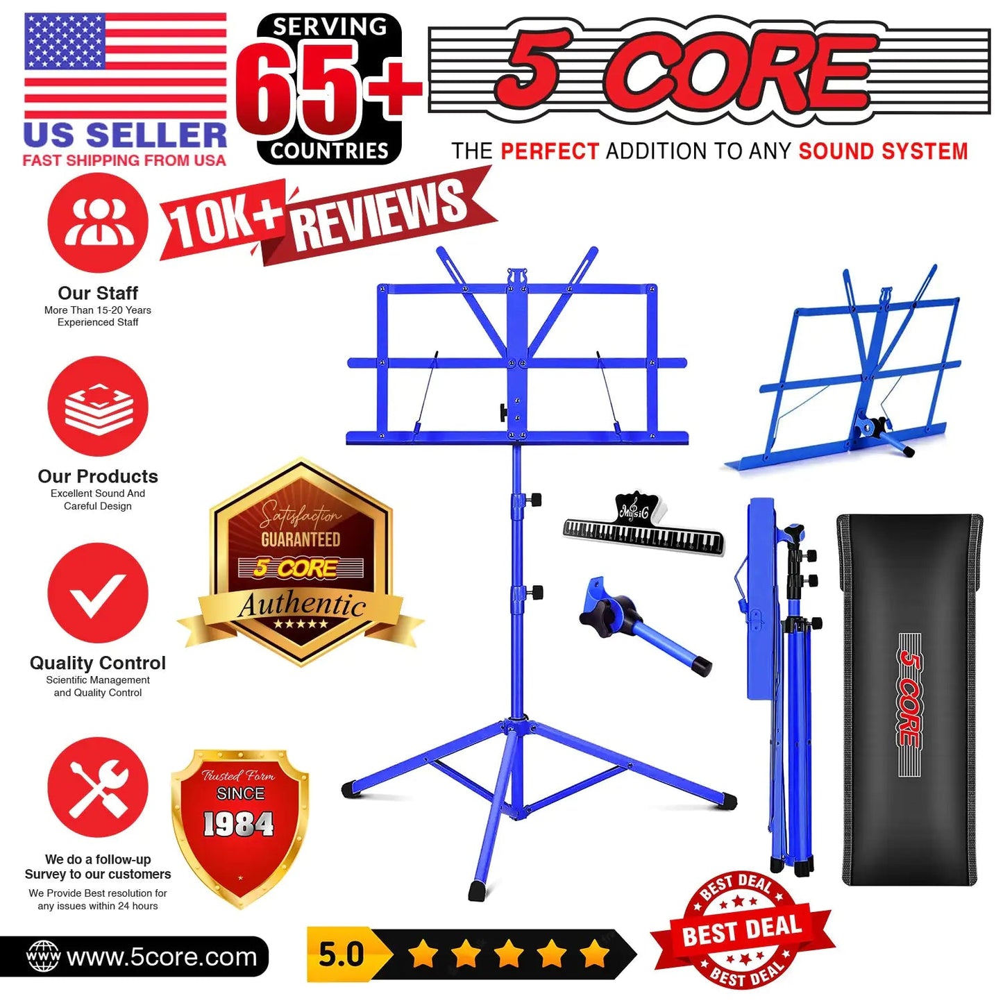 Suporte de Música 5Core para Partituras Portátil Tripé Ajustável Dobrável Porta-Notas AZUL WEM Support (www.WEM.support)