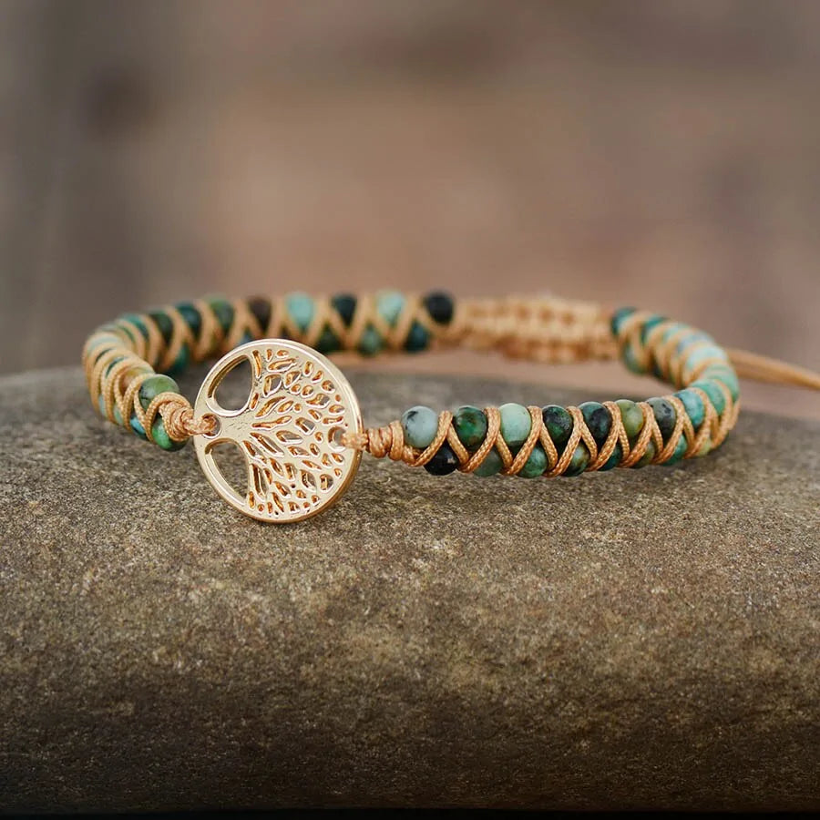 Tree Charm African Jasper Braided Yoga Bracelet WEM Support (www.WEM.support)