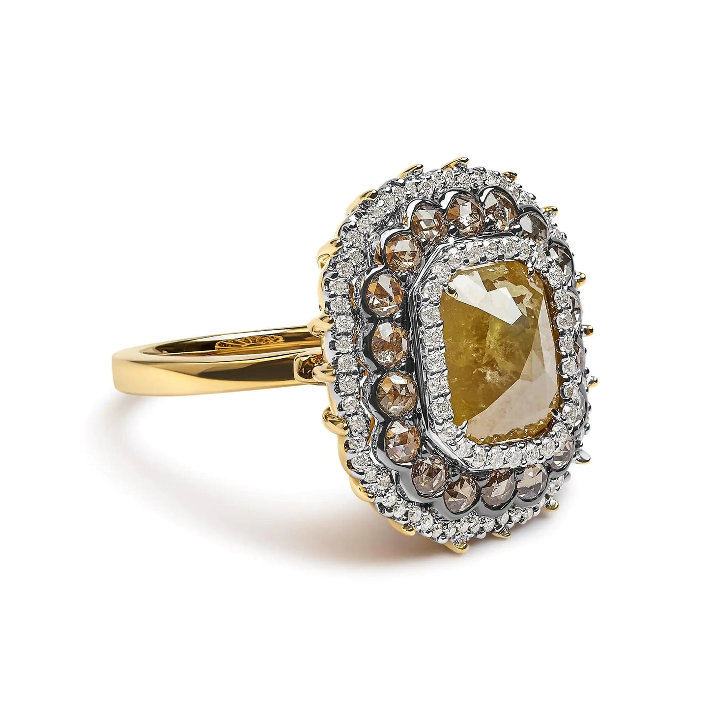 14K Yellow Gold 4 1/4 Cttw Rose Cut Emerald Diamond Triple Halo Cocktail Ring (Fancy Color, I1-I2 Clarity) - Size 7 WEM Support (www.WEM.support)
