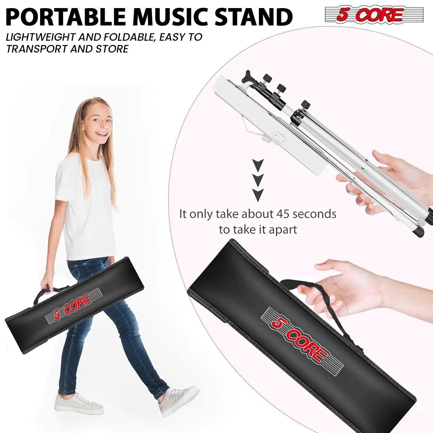 Suporte de Música 5Core para Partituras Portátil Tripé Ajustável Dobrável Porta-Notas BRANCO WEM Support (www.WEM.support)