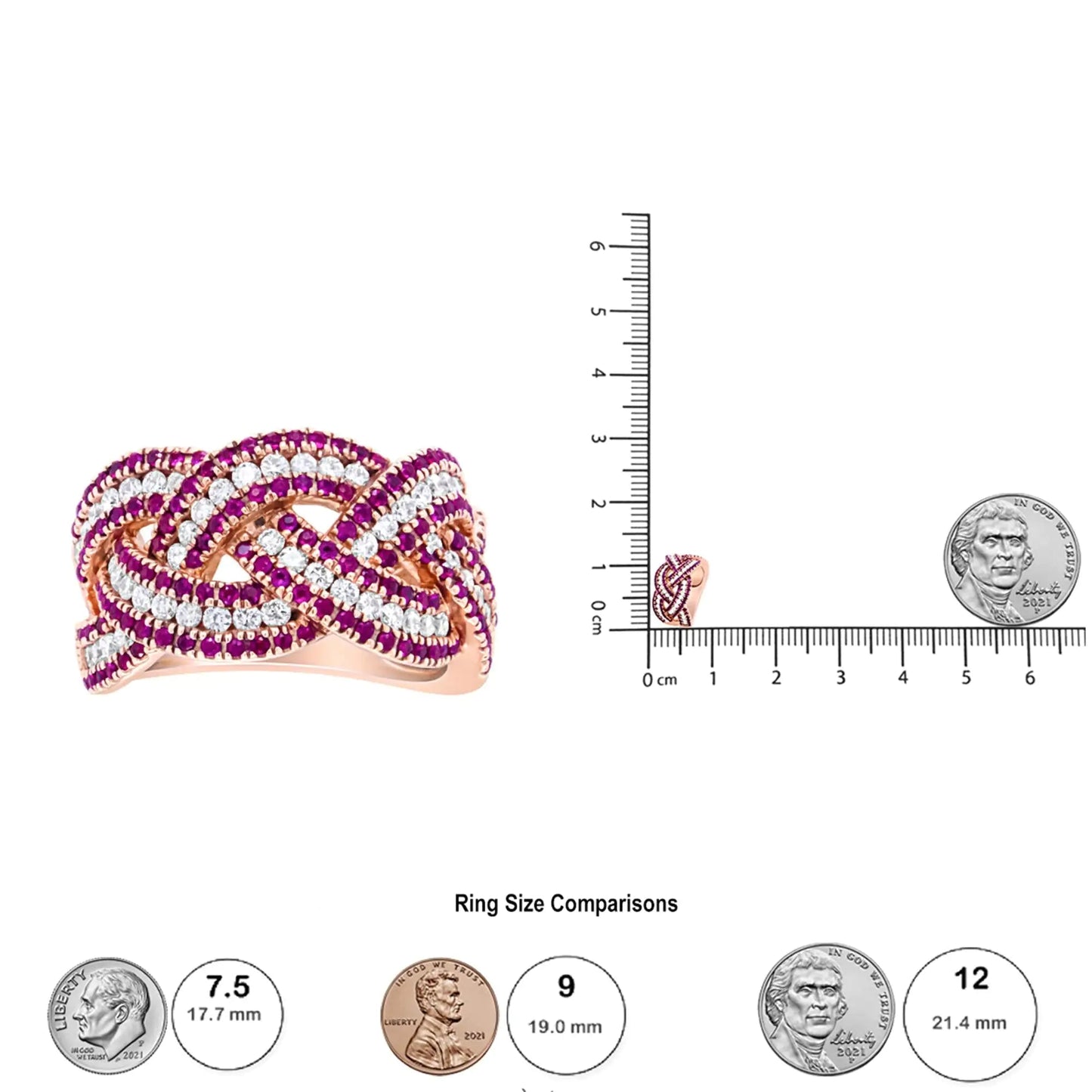 18K Rose Gold Red Ruby and 7/8 Cttw Diamond Woven Braided Band Ring (F-G Color, VS1-VS2 Clarity) WEM Support (www.WEM.support)