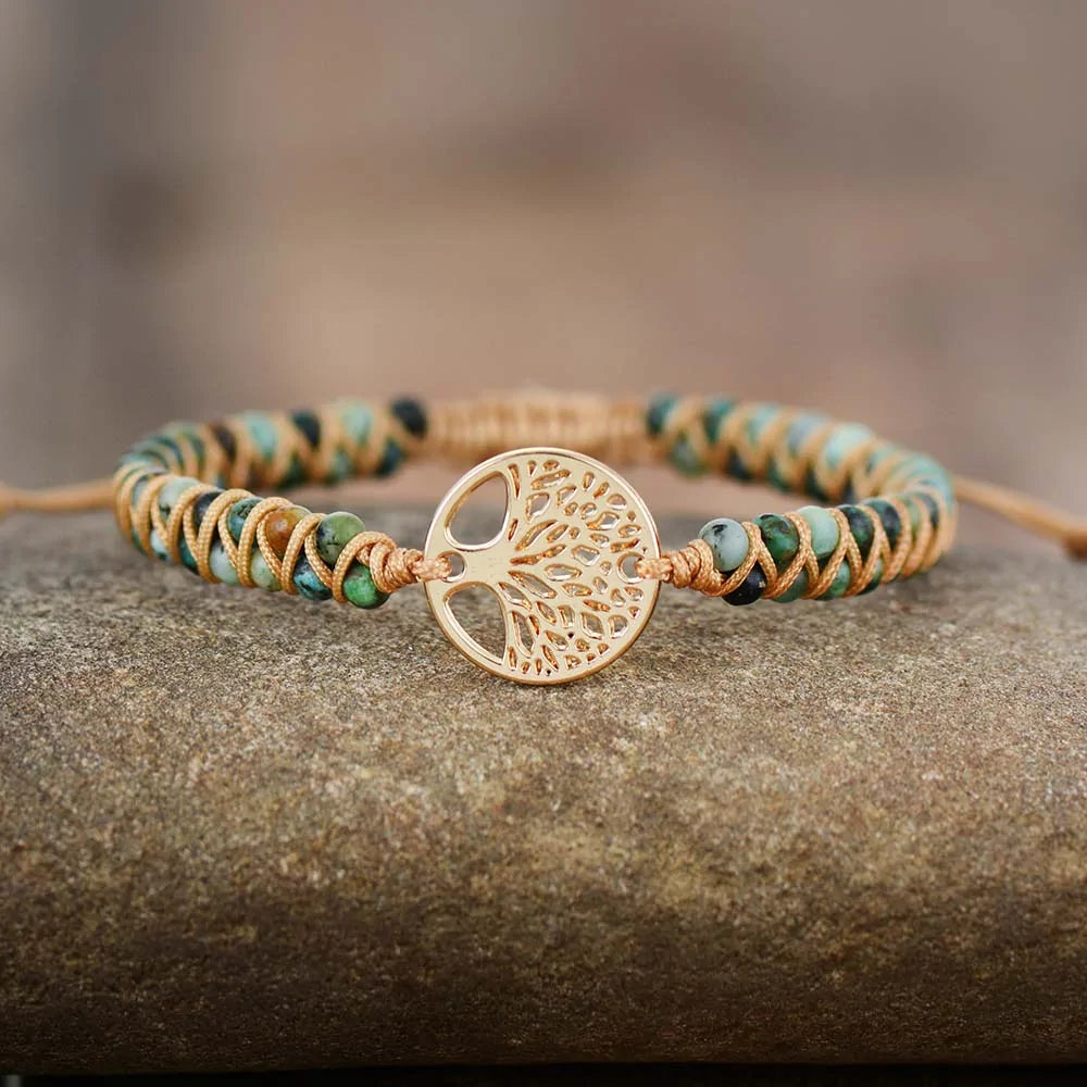 Tree Charm African Jasper Braided Yoga Bracelet WEM Support (www.WEM.support)
