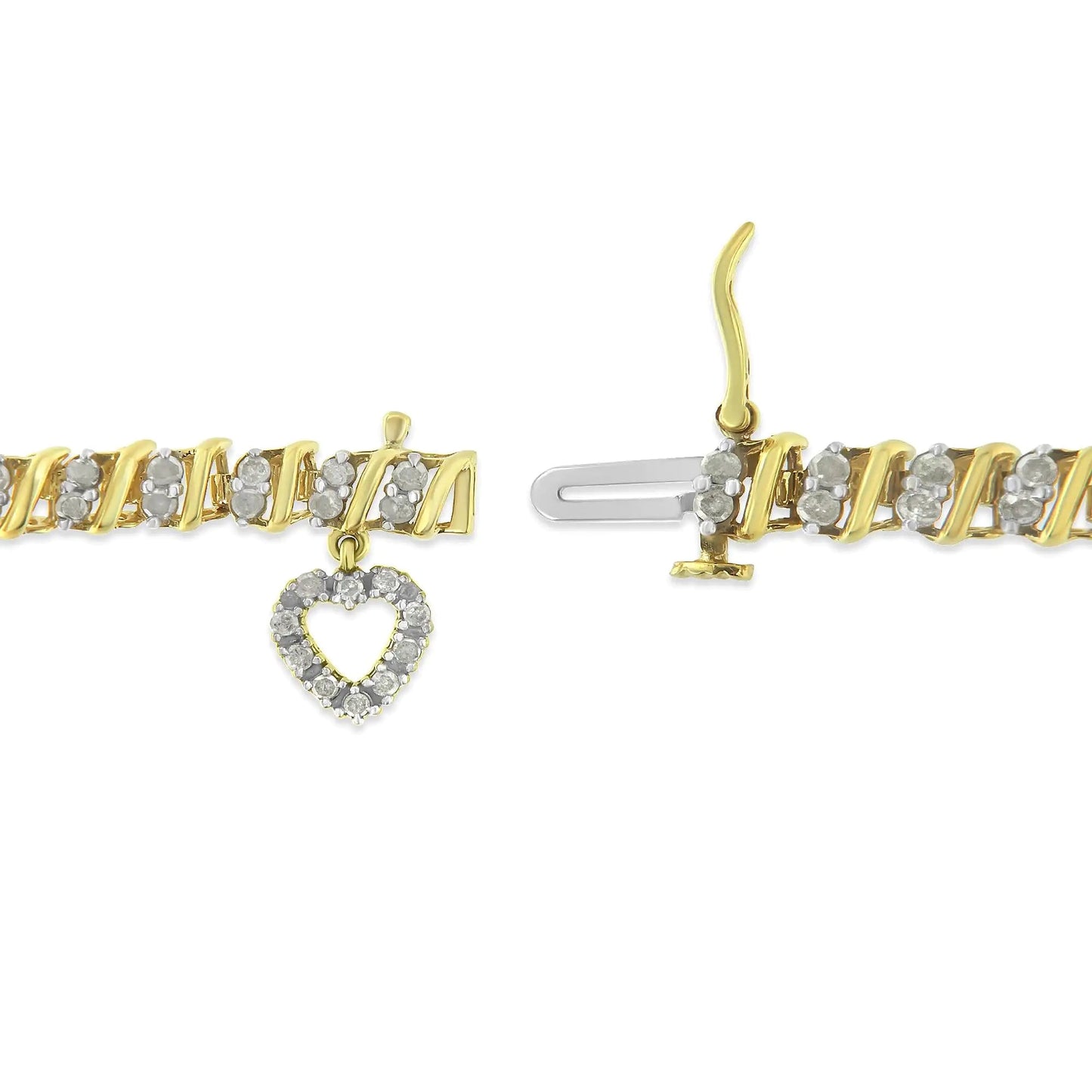 10K Yellow Gold 2.0 Cttw Diamond 2 Row Link and Heart Charm 7" Link Bracelet (I-J Color, I3 Clarity) WEM Support (www.WEM.support)