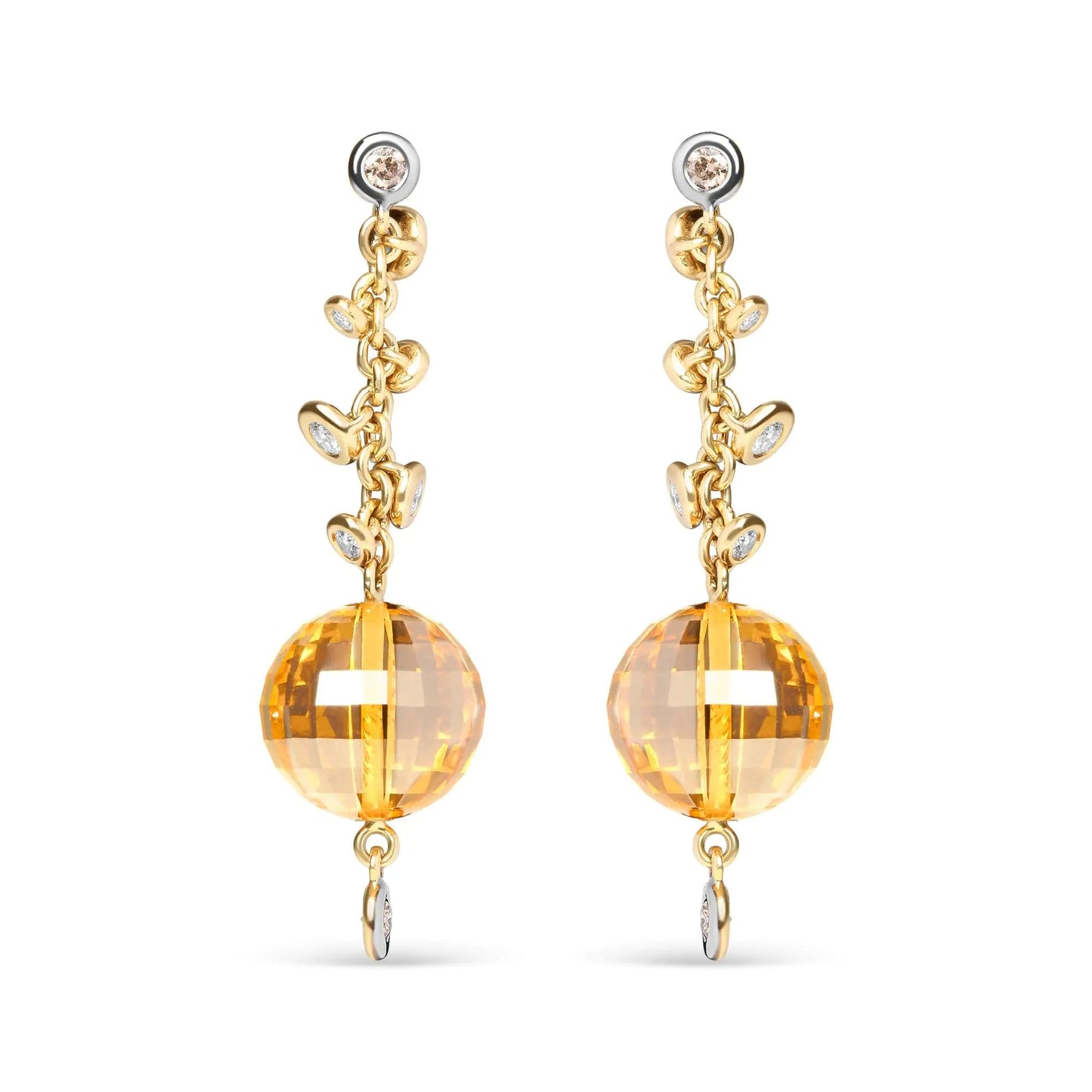 18K Yellow Gold 2/3 Cttw Round Bezel Diamond and 25mm Ball Shaped Yellow Citrine Gemstone Dangle Stud Earring (Brown and G-H Color, SI1-SI2 Clarity) WEM Support (www.WEM.support)