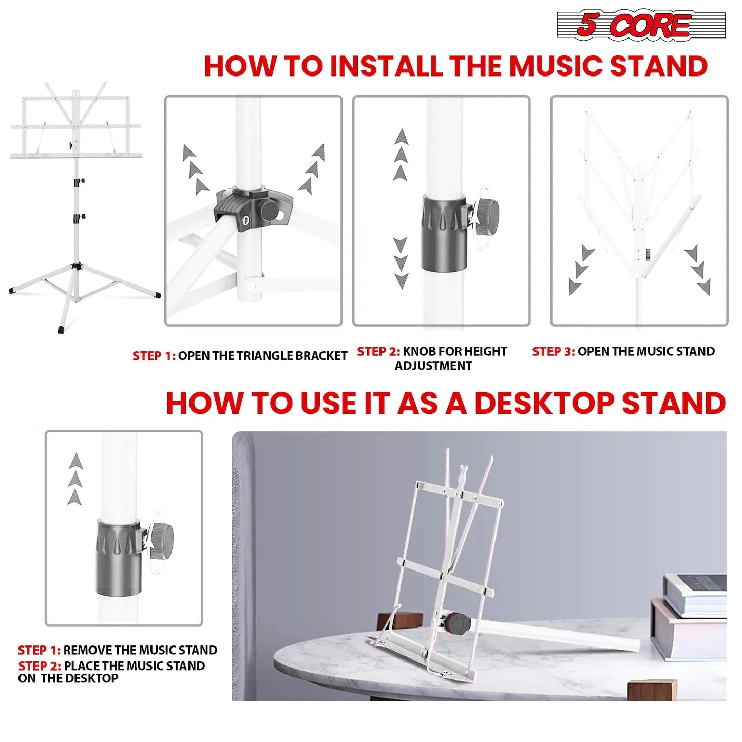Suporte de Música 5Core para Partituras Portátil Tripé Ajustável Dobrável Porta-Notas BRANCO WEM Support (www.WEM.support)